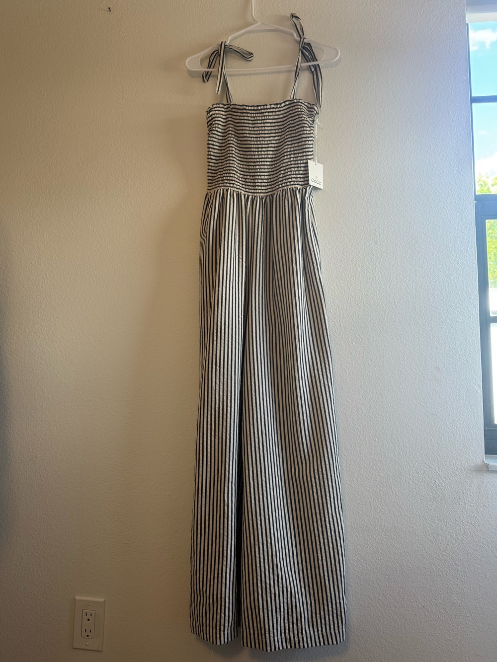 CeCe Black & White Striped Smocked Top with Tie Straps - Picture 1 of 3